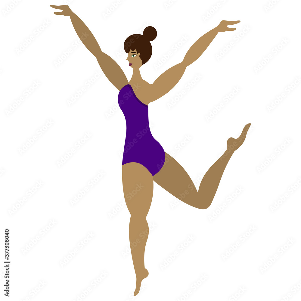 Ballerina in a lilac leotard. Isolated white background. Flat style. Body positive. Long legged model. Lady with a bun on her head. Graceful performer. Idea for web design.