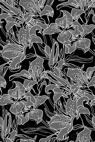 Outline floral seamless pattern with hand drawn ornate flowers and leaves of Lily. Blooming flowers in light mood of line sketch. Line art design for fashion fabric, bedding, wallpaper and prints.