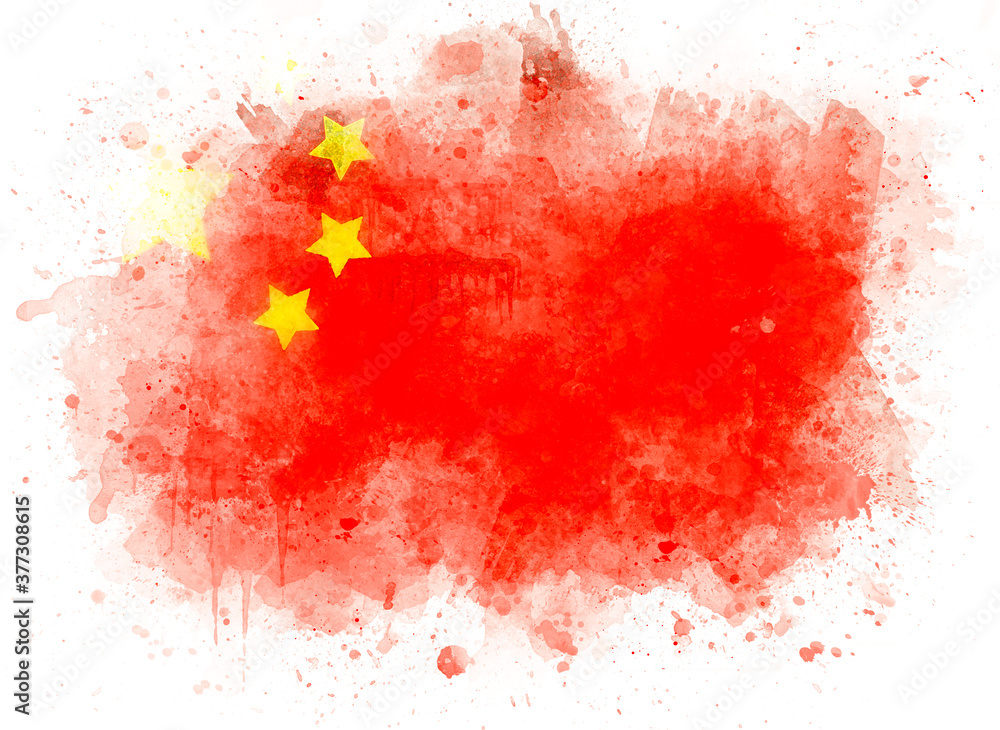 China flag on white paper, watercolor illustration