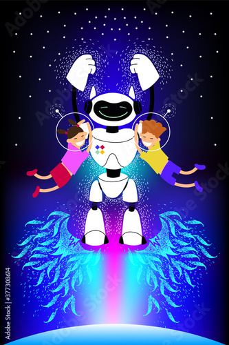 Android flying with children in space. astronauts in open space. young explorers of the starry sky. first cosmic speed on jet thrust. robot nanny.