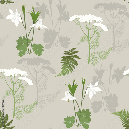 Seamless vector illustration with flowers aquilegia and yarrow
