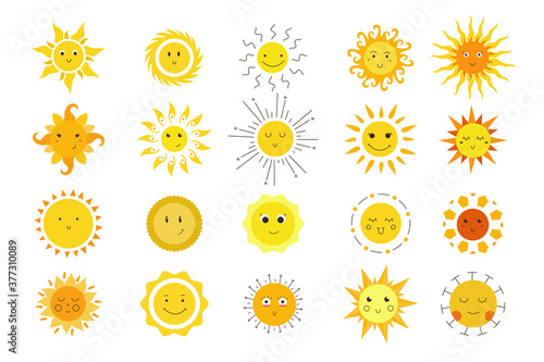 Hand drawn sun emotions doodle set. Collection of colorful cartoon drawings cute smiling sunny faces happy characters lighting or shining bright. Sunlight sunshine and space object star illustration.