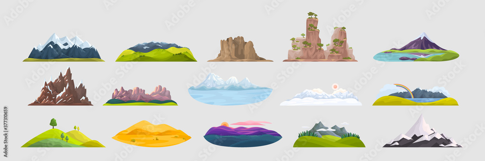 Mountains doodle set. Collection of cartoon style drawing rocky objects ...