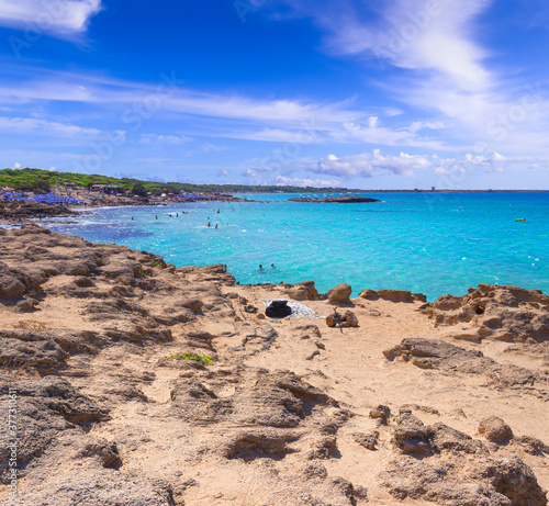 Fototapeta Naklejka Na Ścianę i Meble -  Punta della Suina beach in Salento, Apulia. Italy. It's surrounded by the  Mediterranean scrub and by pine forest, boasts two small sandy bays and a small islet, which is almost separated by coast.