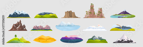 Mountains doodle set. Collection of cartoon style drawing rocky objects hill tops and outdoor landscape with winter peaks and sand dunes. Natural terrain travelling tourism destinations illustration.
