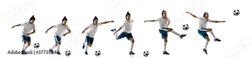 Confident football player in motion and action isolated on white background, kicking ball in dynamic. Concept of activity, movement, healthy lifestyle, expression of sport. Young male sportsman.