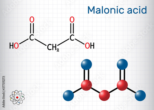 Malonic acid, dicarboxylic, propanedioic acid molecule. The ionized form its ester and salt, are known as malonate. Sheet of paper in a cage