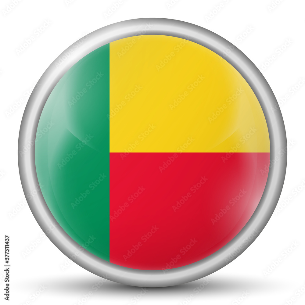Glass light ball with flag of Benin. Round sphere, template icon. National symbol. Glossy realistic ball, 3D abstract vector illustration highlighted on a white background. Big bubble. Glass light ball with flag of Benin. Round sphere, template icon. National symbol. Glossy realistic ball, 3D abstract vector illustration highlighted on a white background. Big bubble.