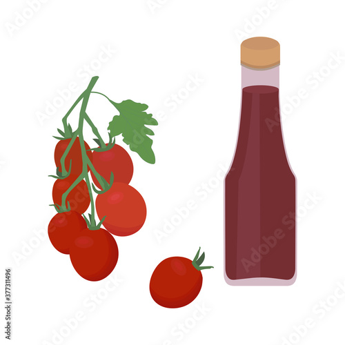 Vector illustration of a branch of tomatoes and a bottle of ketchup