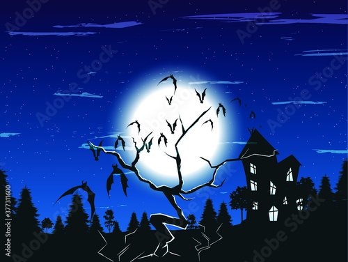 Halloween night background, haunted house. dead tree and cursed bats vector illustration