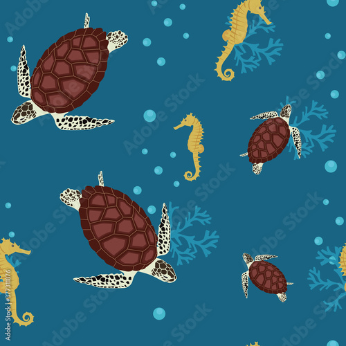 Seamless pattern with sea turtles and seahorse