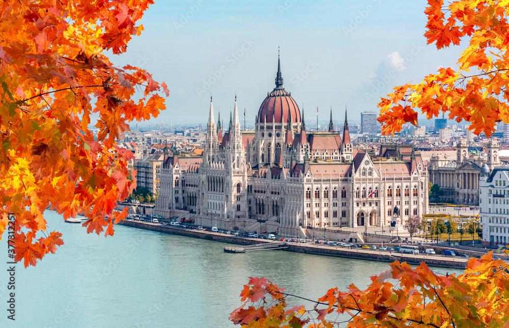 Fototapeta premium Hungarian parliament building and Danube river, Budapest, Hungary