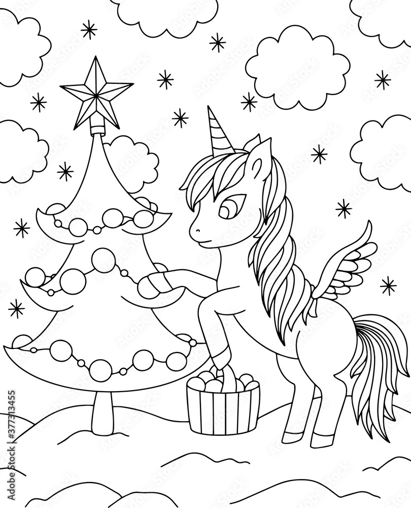 Merry Christmas unicorn coloring. Hand drawn vector illustration