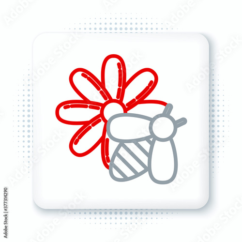 Line Bee and flower icon isolated on white background. Sweet natural food. Honeybee or apis with wings symbol. Flying insect. Colorful outline concept. Vector.