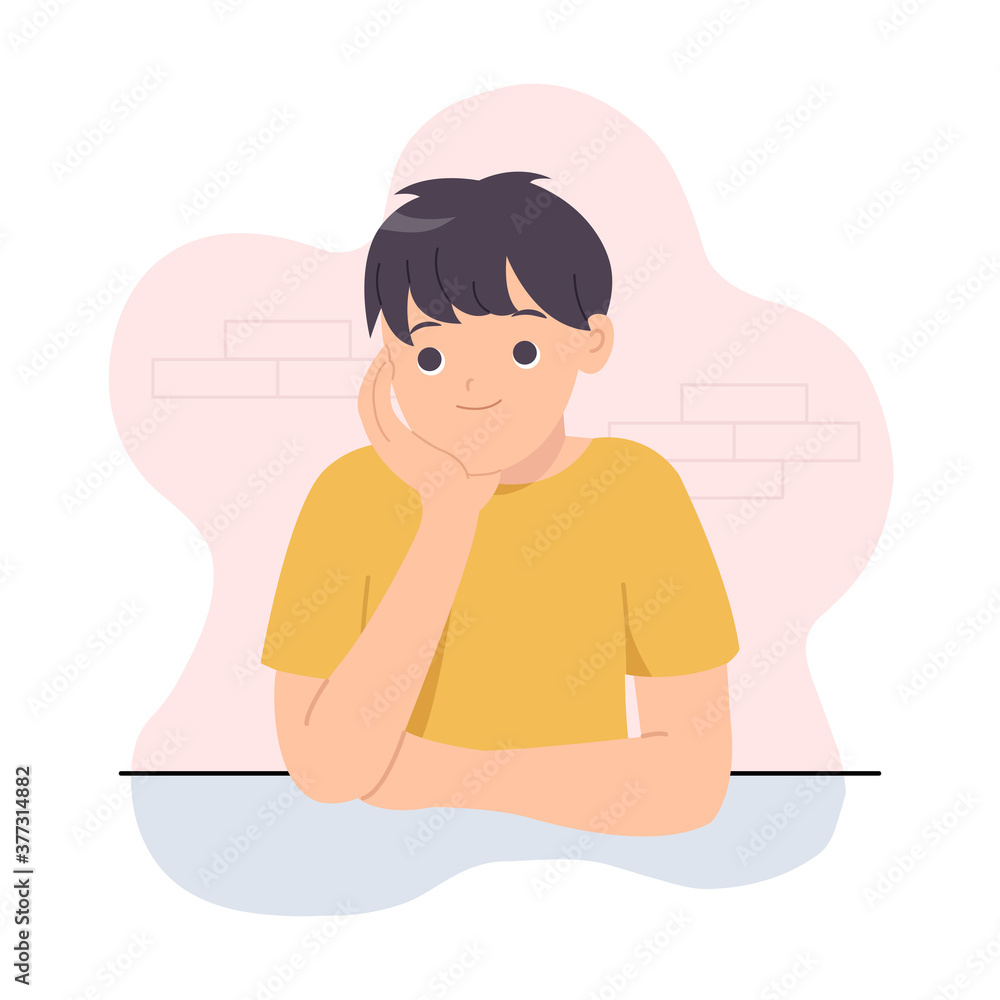 Man daydreaming on the table. Smile expression while thinking. Flat vector illustration isolated on white background. Man daydreaming on the table. Smile expression while thinking. Flat vector illustration isolated on white background.