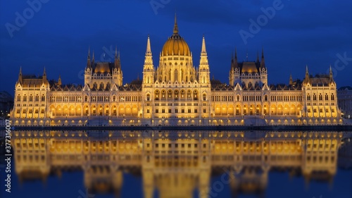 Budapest Parliament mirrored in Danube River at night