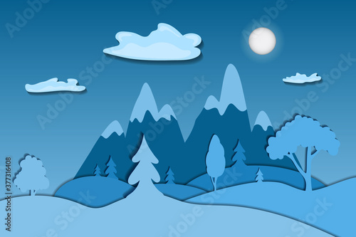 Winter landscape in paper cut style photo