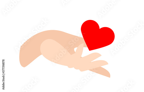 red heart in hand, flat vector illustration isolated on white background. A symbol of selfless gift, charity, donations, help, love and friendship.