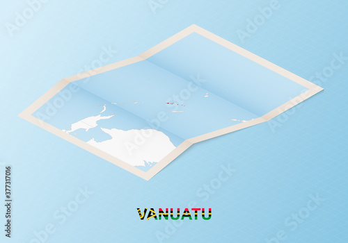 Folded paper map of Vanuatu with neighboring countries in isometric style.