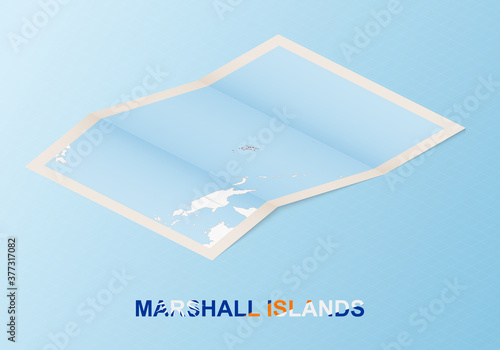 Folded paper map of Marshall Islands with neighboring countries in isometric style.