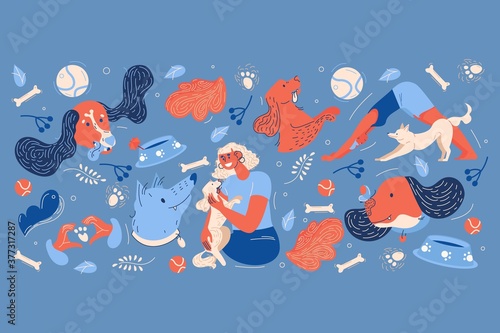 Cute girl hugs a dog. Concept illustration of puppies playing with people in blue and orange. Love between owner and pet