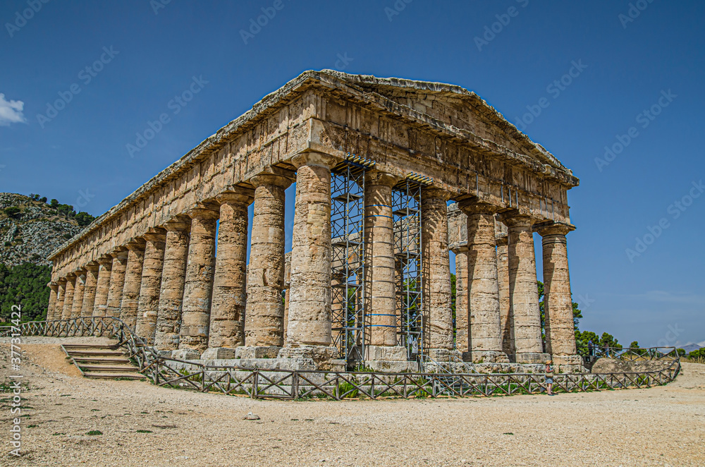 Ruins of the Doric Greek temple of Segesta from the 5th century BC on the island of Sicily. Italy