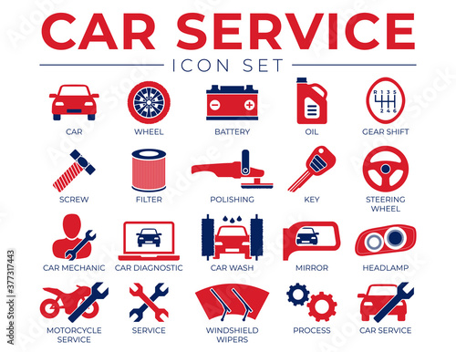 Red Blue Car Service Icons Set with Battery, Oil, Gear Shifter, Filter, Polishing, Key, Steering Wheel, Diagnostic, Wash, Mirror, Headlamp Icons