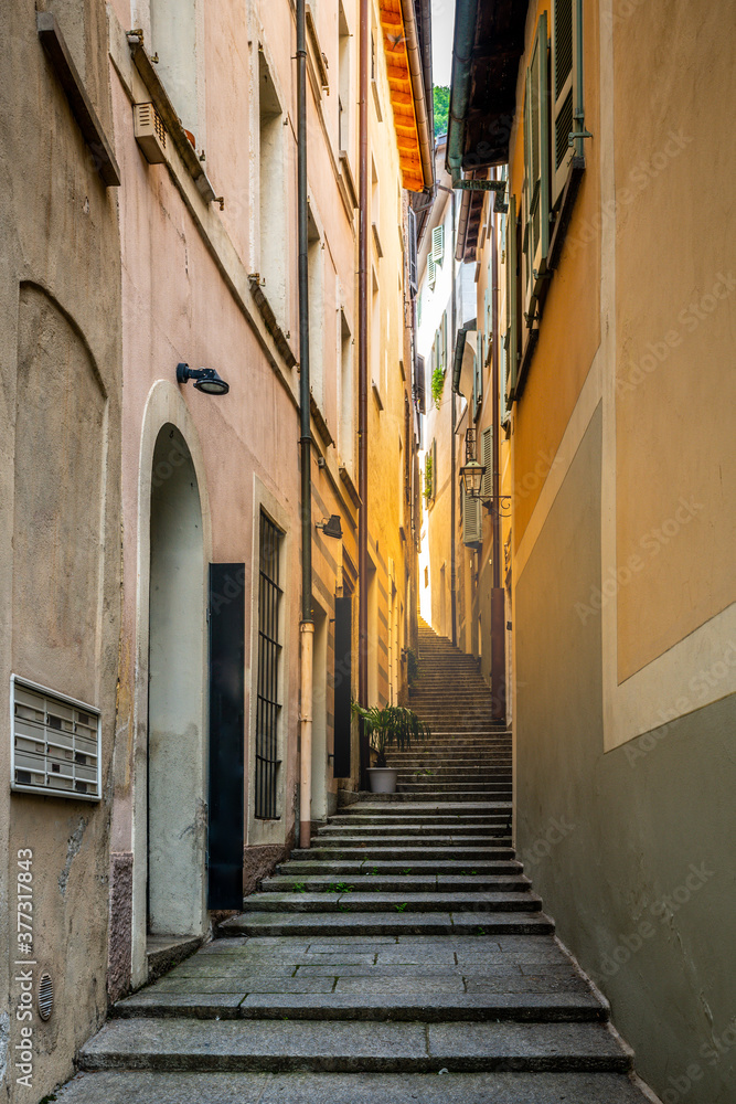 Morcote village stairway alley called Strecia di Mort street vertical view in Morcote Ticino Switzerland