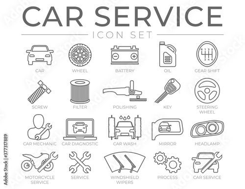 Car Service Outline Icons Set with Battery, Oil, Gear Shifter, Filter, Polishing, Key, Steering Wheel, Diagnostic, Wash, Mirror, Headlamp Icons