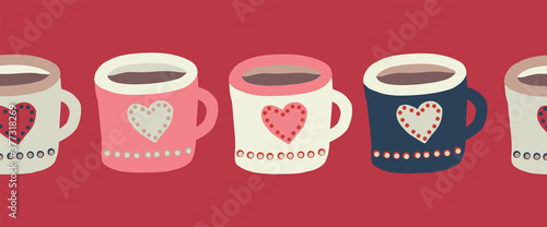 Cups with hot chocolate or tea seamless vector border. Repeating mugs pattern. Hand drawn illustration horizontal border