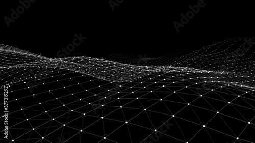 Black background for presentation. Abstract dynamic wave of many particles and lines. Vector perspective grid. Network or connection. Detailed lines forming an abstract background.