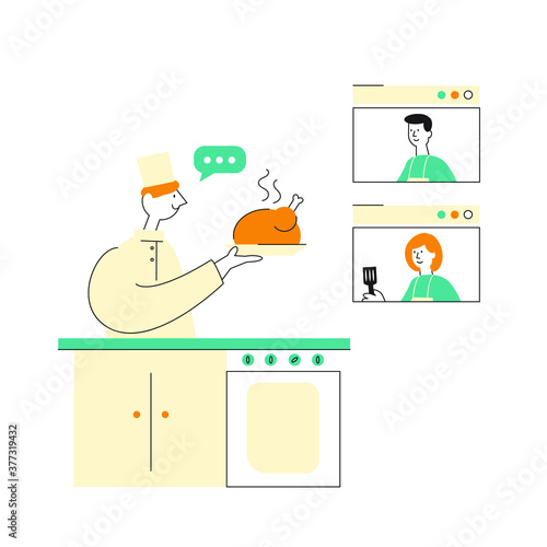 Vector flat illustration of online cooking course. A cook in the kitchen shows how to cook during online culinary course.