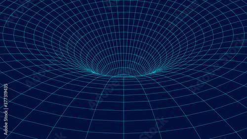 Wireframe abstract tunnel. 3D vector wormhole with a mesh structure. Vortex. Vector perspective grid.