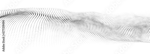 Abstract gradient dynamic wave of particles. White background. Network of bright points or dots. Big data. Digital background. Vector