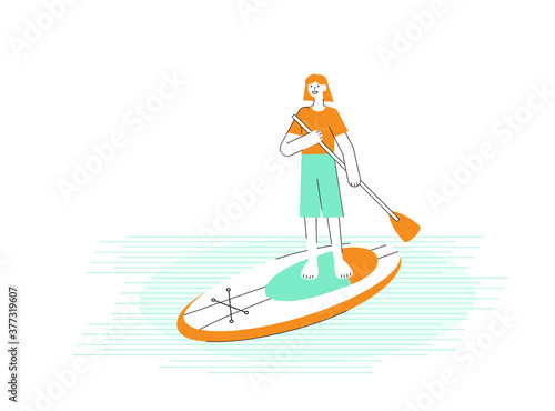 Vector illustration of girl sup surfing in the sea. 
