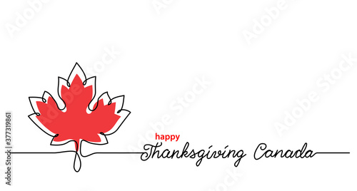 Thanksgiving Canada art background with maple leaf. Simple vector web banner. One continuous line drawing with lettering happy Thanksgiving Canada.