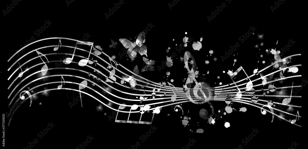 Music promotional poster with music notes vector illustration. Artistic abstract background with music staff for live concert events, music festivals and shows, party flyer template Music promotional poster with music notes vector illustration. Artistic abstract background with music staff for live concert events, music festivals and shows, party flyer template