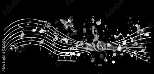 Music promotional poster with music notes vector illustration. Artistic abstract background with music staff for live concert events, music festivals and shows, party flyer template