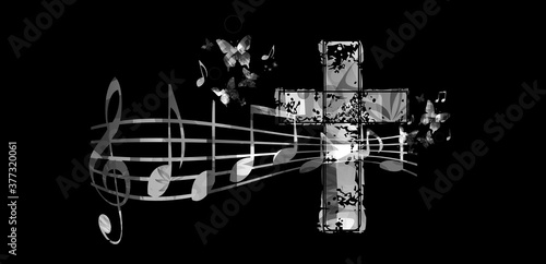Christian cross with music notes vector illustration. Religion themed background. Design for gospel church music, choir singing, concert, festival, Christianity, prayer