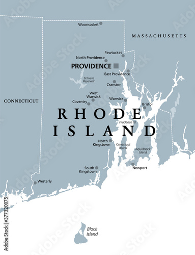 Rhode Island, political map with capital Providence. State of Rhode Island and Providence Plantations, RI, in the New England region of United States of America. Gray illustration, over white. Vector. photo