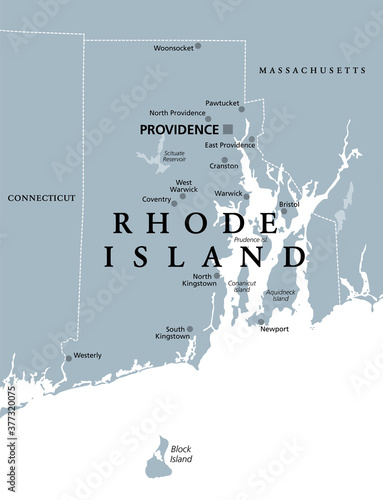 Rhode Island, political map with capital Providence. State of Rhode Island and Providence Plantations, RI, in the New England region of United States of America. Gray illustration, over white. Vector.