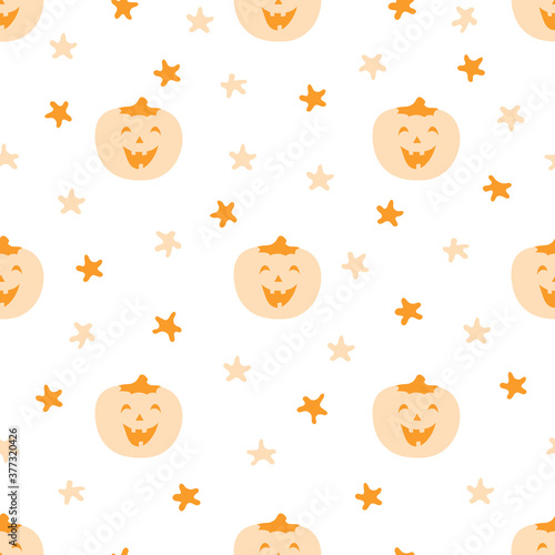 Cute monochrome seamless pattern with pumpkin and stars. Vector illustration in orange tones great for background, decorations, cards, wallpaper, digital paper, wrappings, prints, fabrics, textiles.