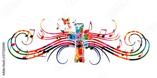 Colorful christian cross with music notes isolated vector illustration. Religion themed background. Design for gospel church music, choir singing, concert, festival, Christianity, prayer