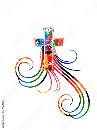 Colorful christian cross with swirls isolated vector illustration. Religion themed background. Design for Christianity, prayer and care, church charity, help and support