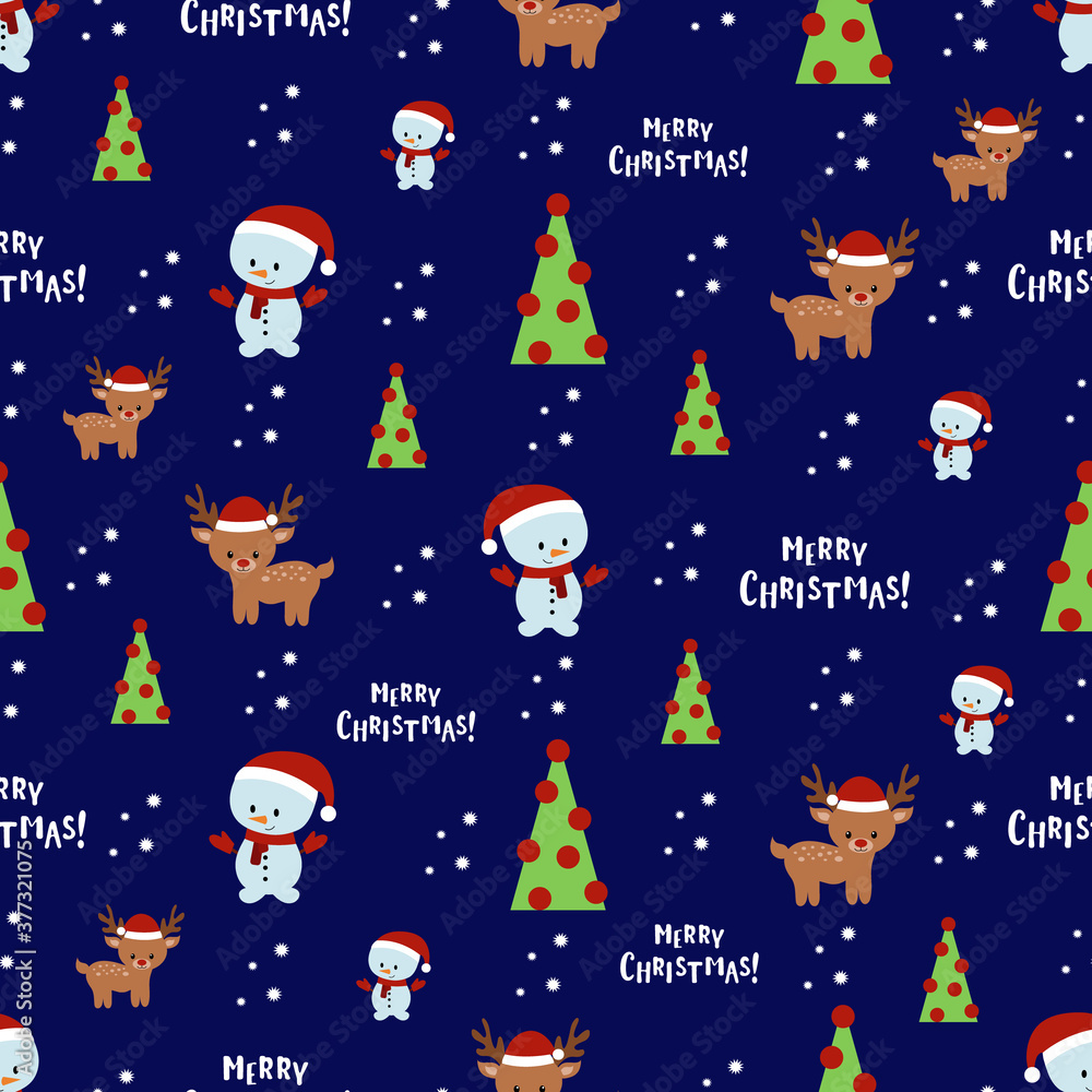 Naklejka premium Merry Christmas seamless pattern. Vector illustration with cartoon deer, snowman and Christmas tree.