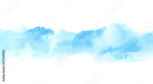 light blue watercolor border on white with wet shapes of loose abstract clouds, distant hills. hand painted background