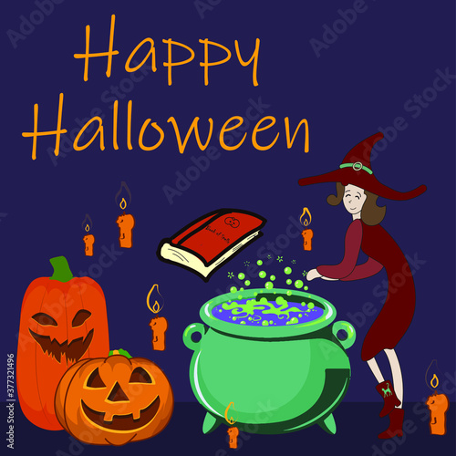 Happy Halloween Witch making a potion square design Creepy pumpkins dark illustration