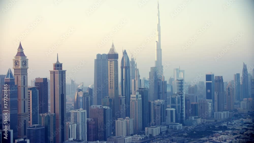 A mesmerizing aerial shot of downtown Dubai as the camera pans and