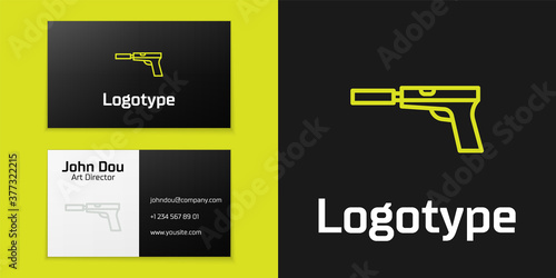 Logotype line Pistol or gun with silencer icon isolated on black background. Logo design template element. Vector Illustration.