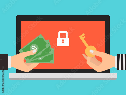 Hand holding money banknote for paying the key from hacker for unlock folder got ransomware malware virus computer. Vector illustration technology data privacy and security concept.